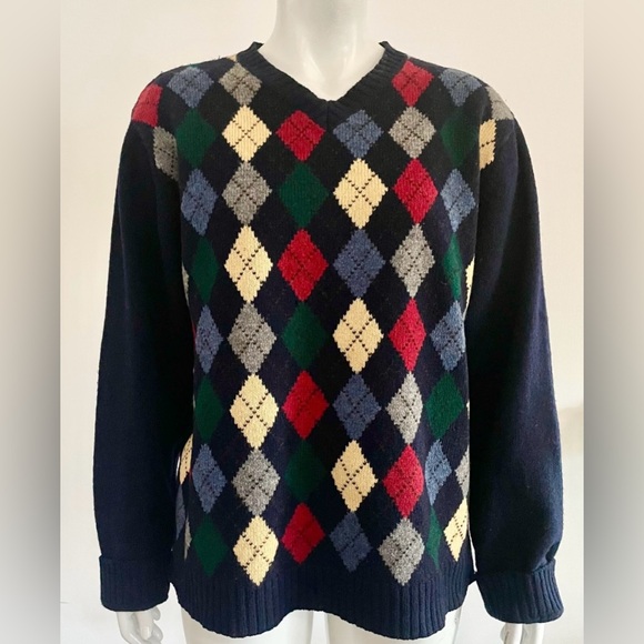 100% Shetland Wool Vintage Gap v-neck preppy argyle pullover